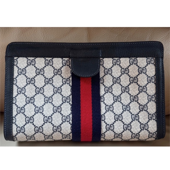 Certified Authentic Vintage Gucci Web Canvas Navy Leather Velcro Clutch, COA - Picture 2 of 12